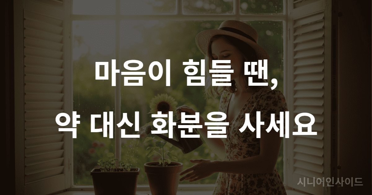 햇살 좋은 창가에서 행복한 표정으로 화초에 물을 주고 있는 여성의 모습