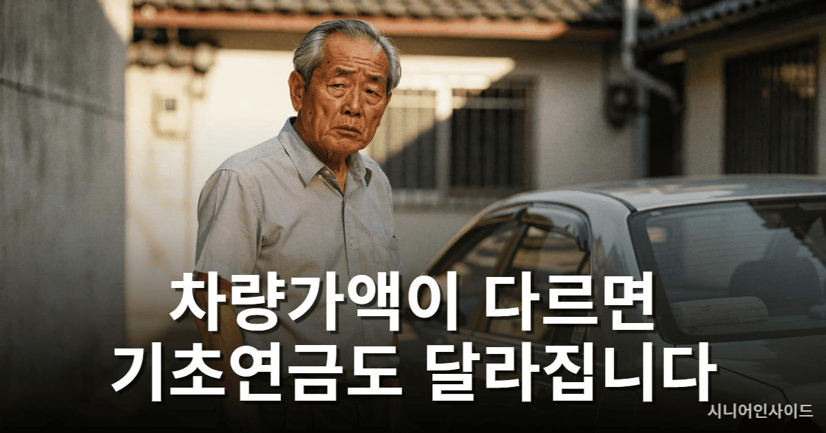 기초연금 자동차 재산 반영 기준을 고민하는 노인과 소형 승용차