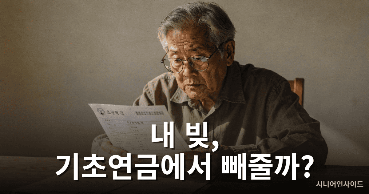 기초연금 부채 인정 기준을 확인하는 노인 — 서류와 통장을 검토하는 모습