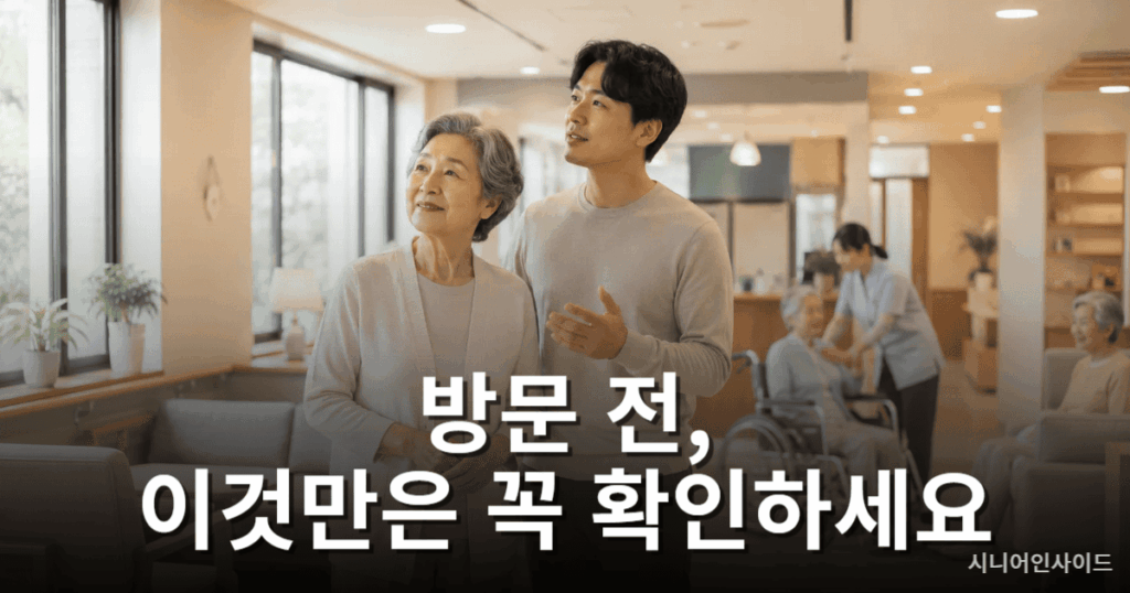 장기요양기관 선택 방법 – 가족이 요양시설을 직접 방문하여 환경을 확인하는 장면