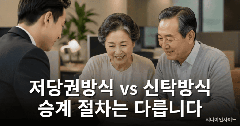 주택연금 저당권방식과 신탁방식의 배우자 승계 절차를 상담하는 노년 부부와 상담사 사진