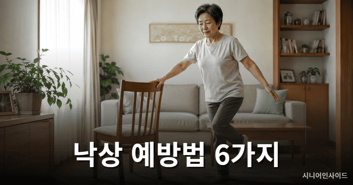 집에서 의자를 잡고 균형 감각 운동을 하며 낙상을 예방하는 중년 여성의 모습