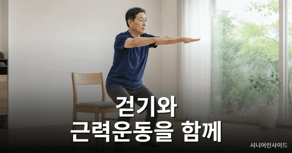 60대 걷기 운동과 근력운동을 병행하는 모습